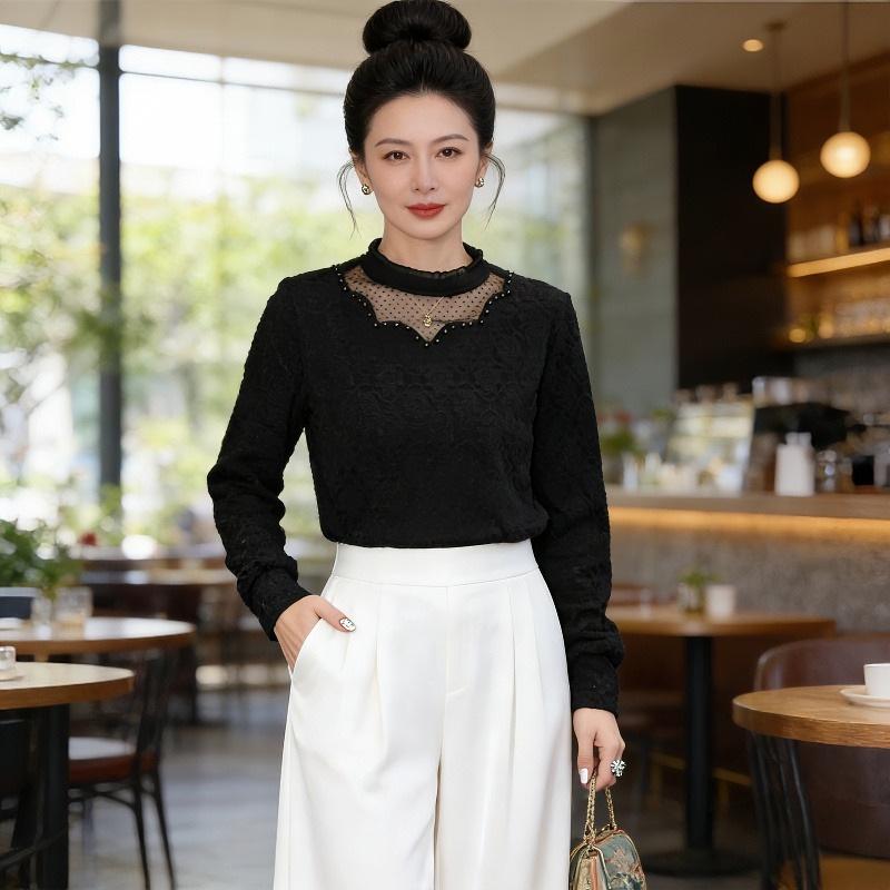

2025 Early Spring Sweet Ruffled Lace Hollow-Out Long Sleeve Top for Women 3XL (95-125 jin) чёрный