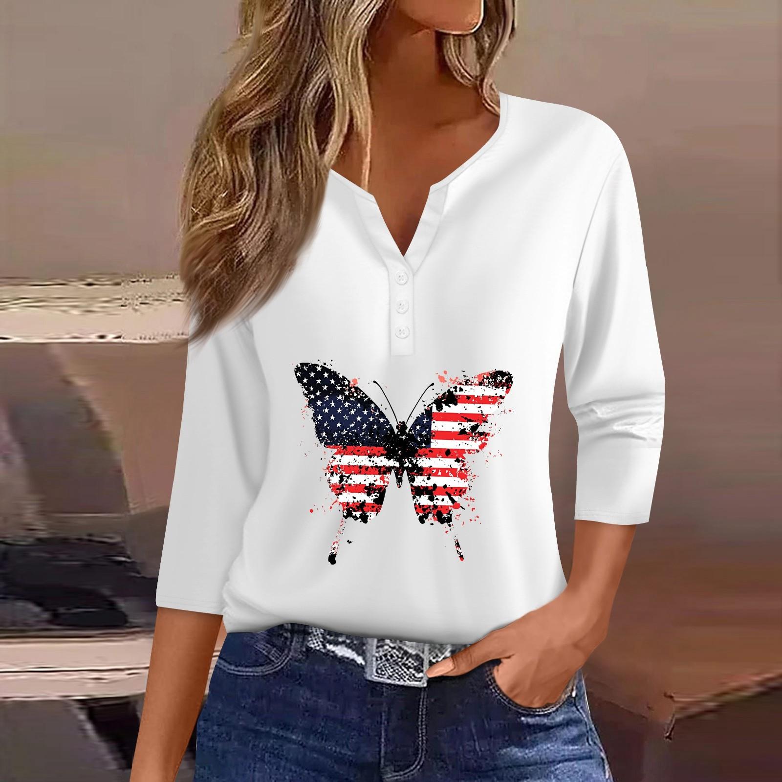 

Жен. Футболка Футболка С принтом Пуговицы Рукав 3/4 Повседневные Выходные Мода Классический V-образный вырез Обычный Топ XL белый