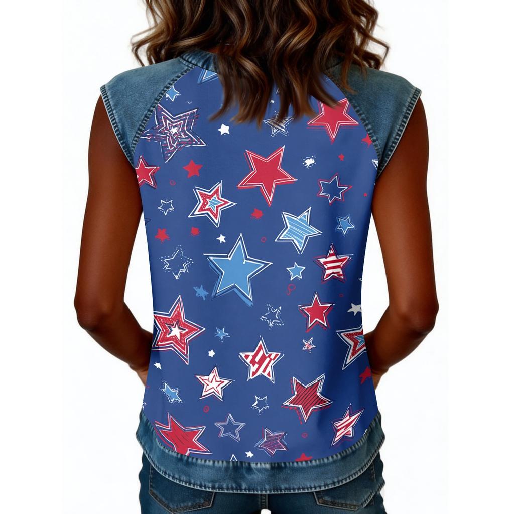 Women Sleeveless Pullover Tank Top Casual Round Neck Star Print Shirt Lightweight Summer Blouse Relaxed Fit