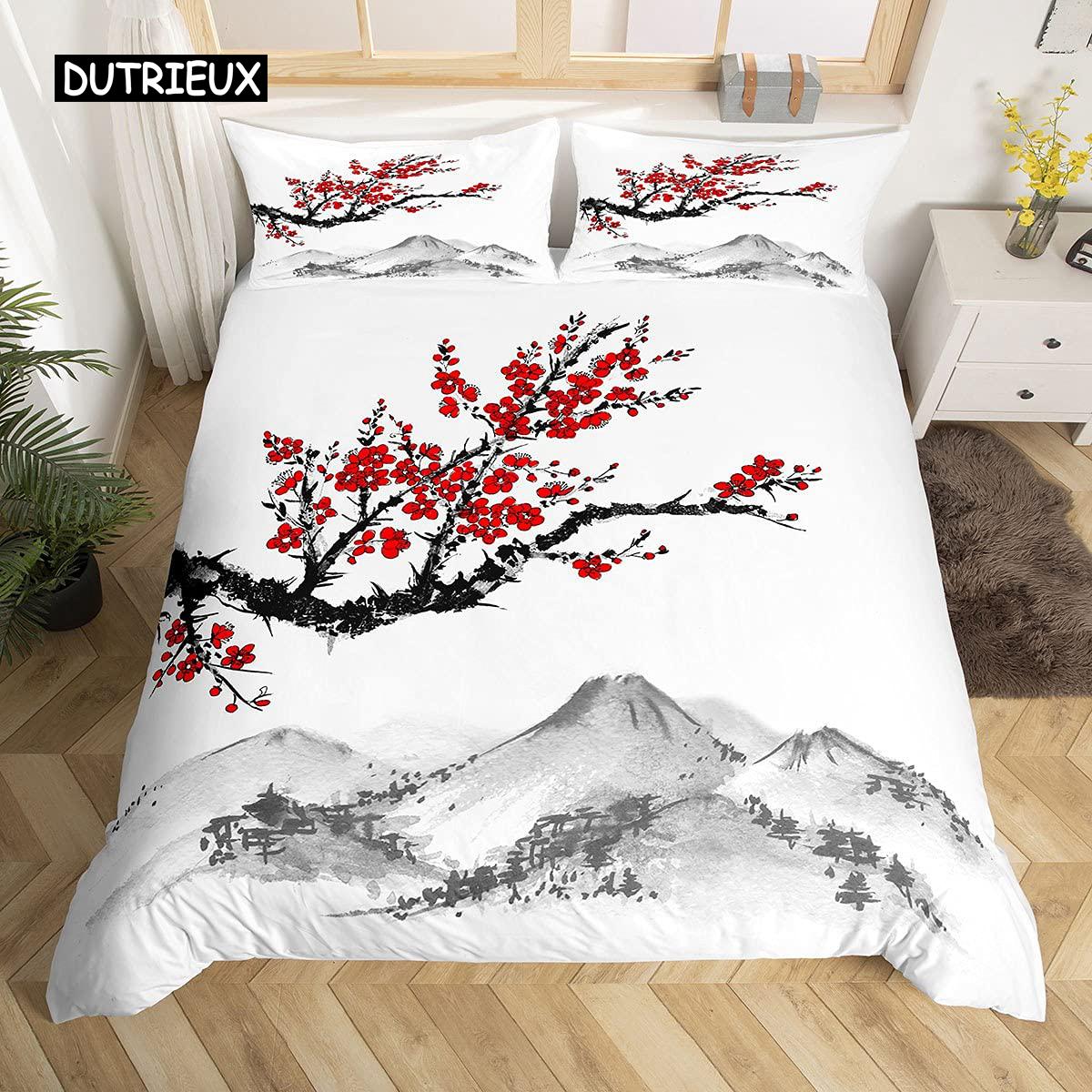 Kersenbloesems Dekbedovertrek Japanse Sakura Boom Roze Bloemen Lente Vintage Cultureel Natuurlijk Landschap Beddengoed Set Vrouwen Meisjes 140x200cm 3pcs