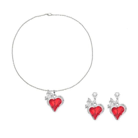 1 Set Love Heart Jewelry Rhinestone Faux Gem Heart Necklace And Earrings Women Heart Pendant Jewelry Set for Wedding Valentine's Day Gift