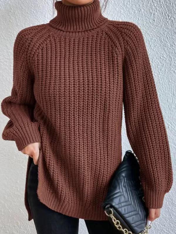 2026 Autumn/Winter Women's Knitted Mid-Length Raglan Sleeve High Turtleneck Slit Sweater Dress