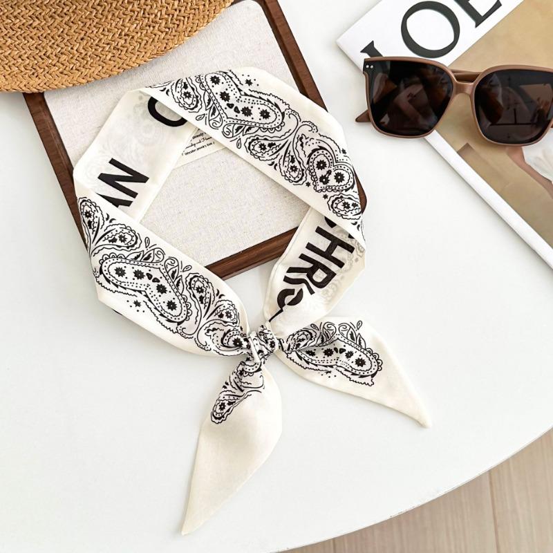 

Cashew flower silk scarf, long strip, new simple letters, hair tie, bag streamer, decorative versatile small scarf, fashionable belt.