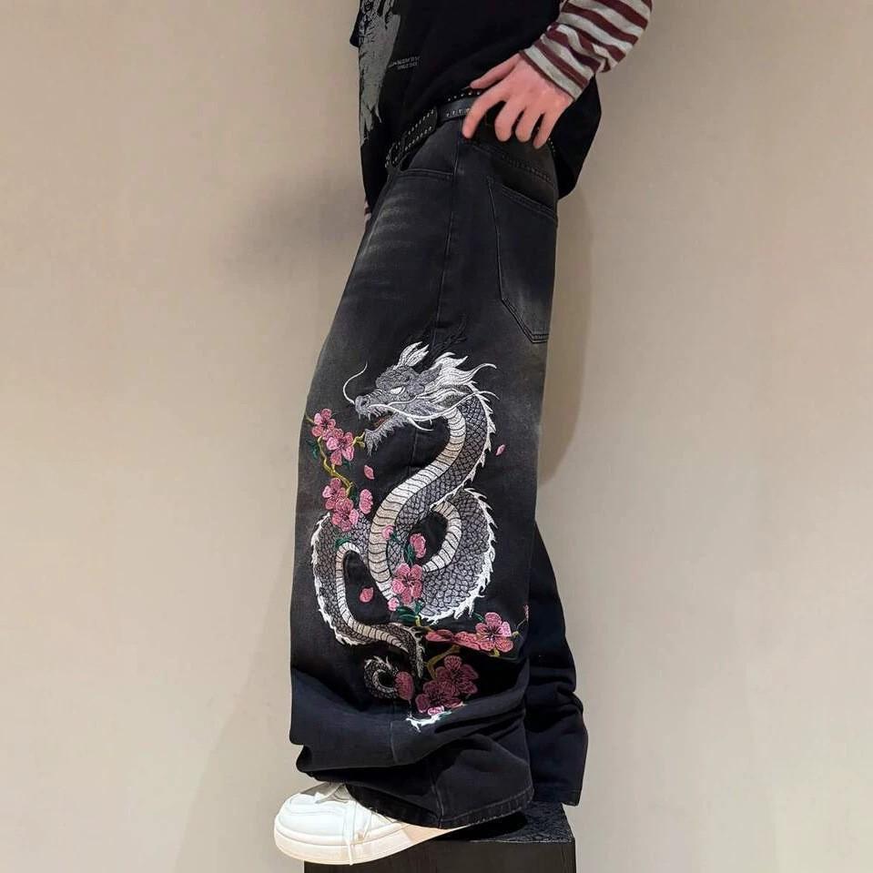 European and American jeans cherry blossom embroidered wide-leg pants washed retro high-waisted loose rough edge mopping jeans