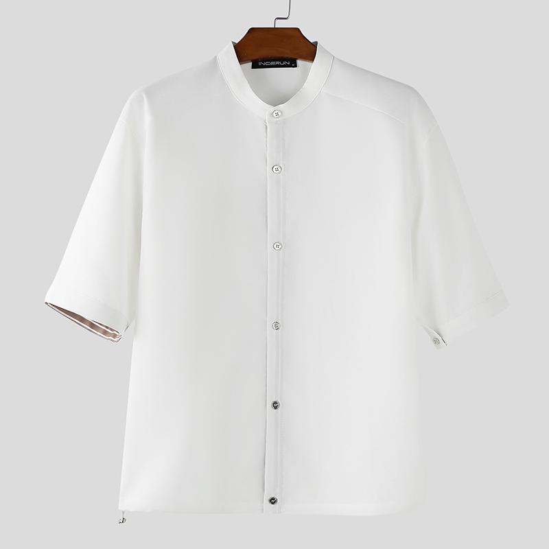 

INCERUN Oversized Men Casual Loose Half Sleeve Striped Patchwork Buttons Up Shirts 5XL белый