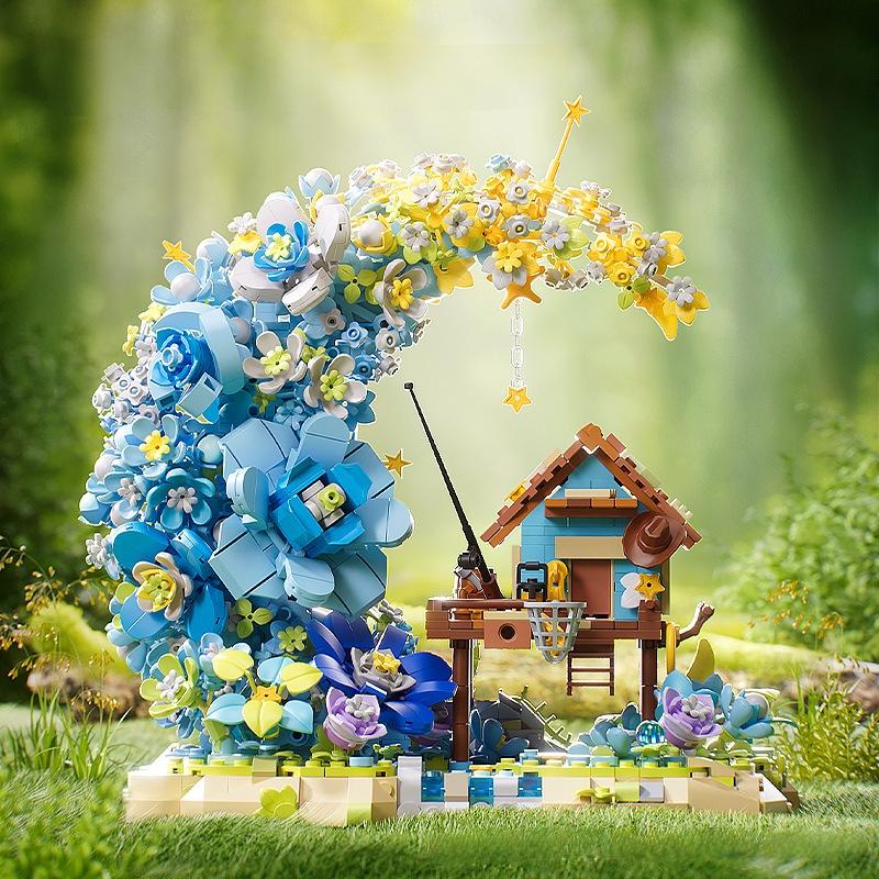 Moon House Building Blocks Blue Green Yellow Flower Tree Star Moonlight Forest LEDs Light with Box Colorful Girls Boys Gifts