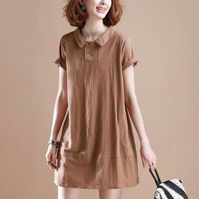 

Корейские свободные платья с коротким рукавом, летние повседневные, с воротником Питер Пэн, женские, на пуговицах, базовые, комбинированные, однотонные, миди-платье 4XL светло-коричневого