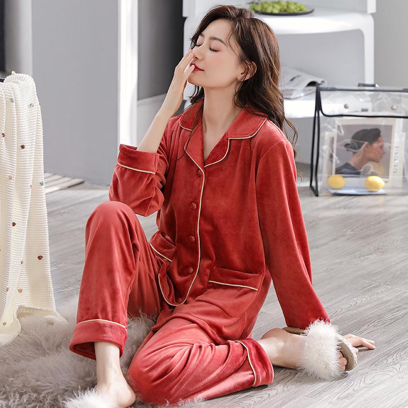 Coral Fleece Pajamas Women'S Autumn And Winter Fleece Thickened Flannel Loungewear Set
