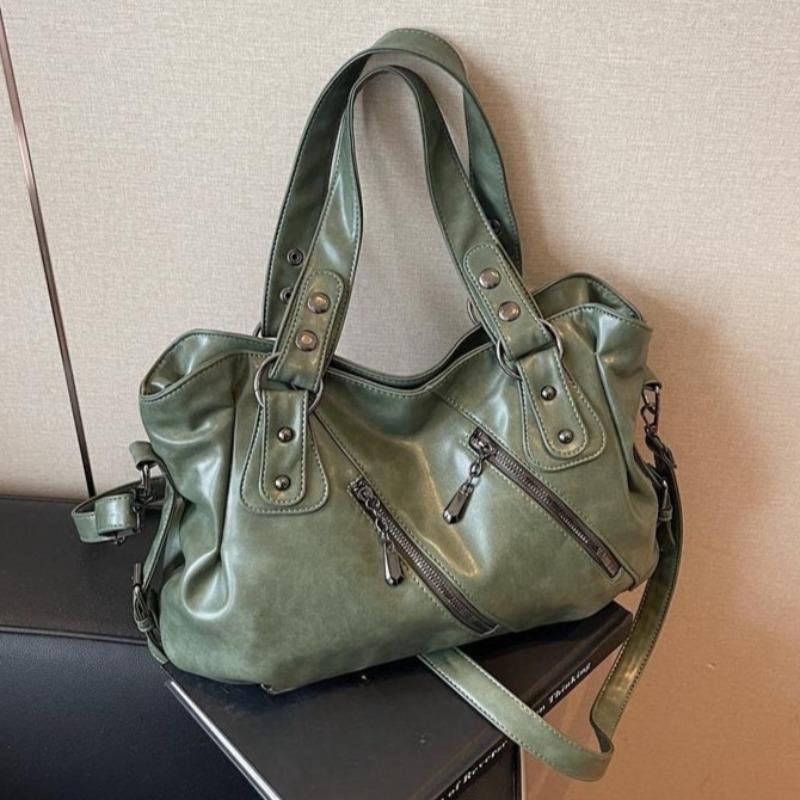 Retro Women's PU Leather Handbag Large Capacity Shoulder Bags Multi Zip Pocket Handbag for Daily Commute Work Shopping and Weekend Outings