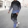 Men Black Cyan Half Split Brush Edge Print Long Sleeve Sweatshirt Jogger Pants Two Piece Suit