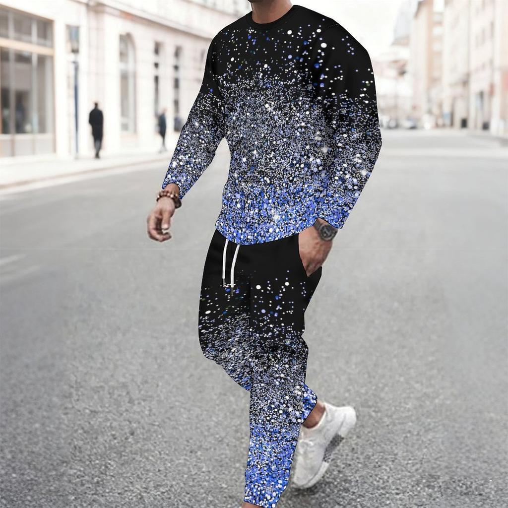 Men Black Cyan Half Split Brush Edge Print Long Sleeve Sweatshirt Jogger Pants Two Piece Suit