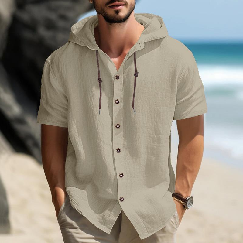 Summer Cotton Linen Shirt for Men Hooded Short Sleeve Solid Color Breathable Lightweight Drawstring Design Shirts Casual Basic Tees