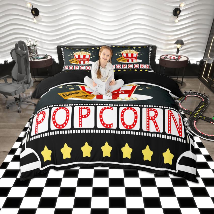 Conjunto de Capa de Edredom Homewish Vintage Cinema, Conjunto de Cama com Estampa Movie Tine, Conjunto Retro de Pipoca para Quarto de Filme, Decoração de Quarto