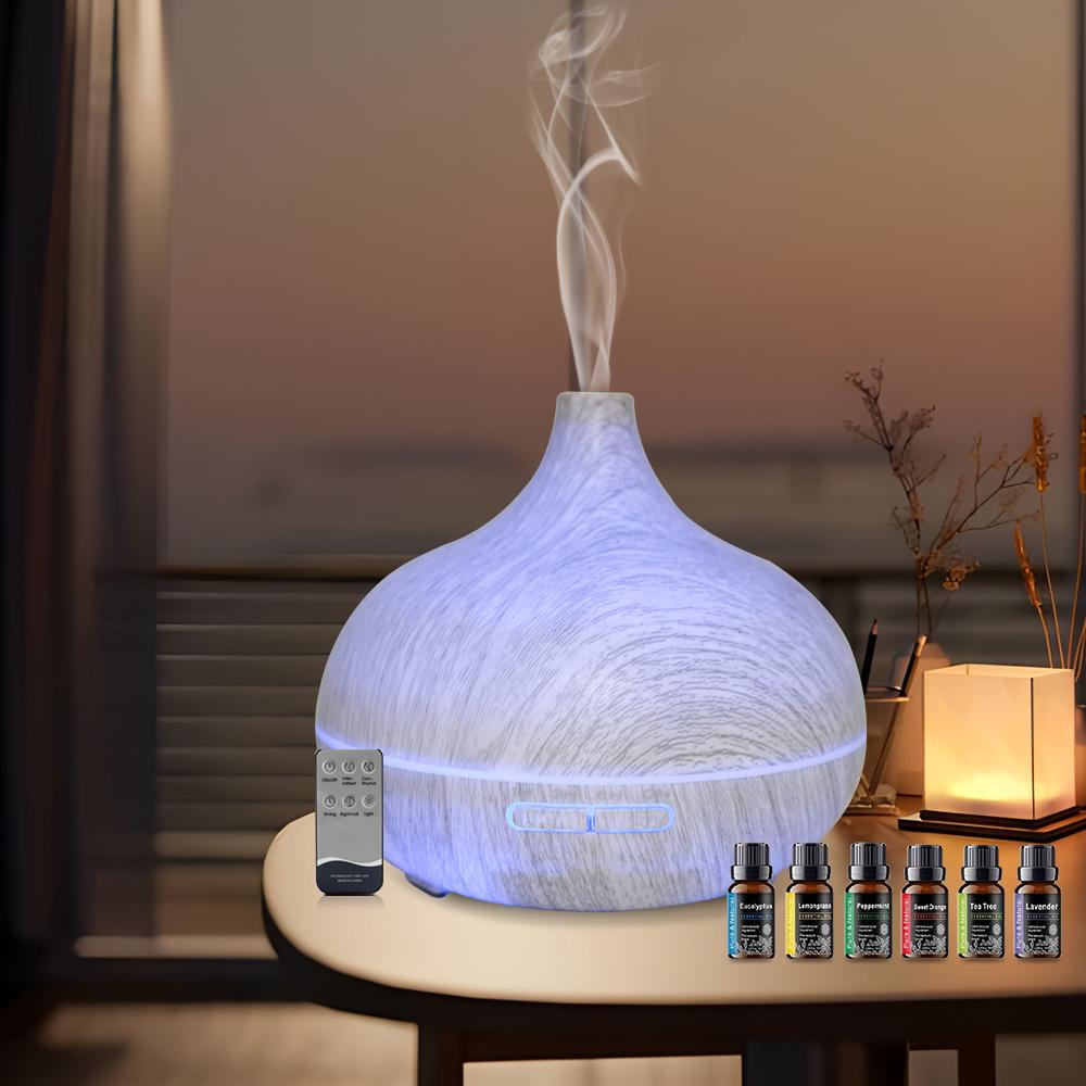 

Wood Grain Essential Oil Diffuser 550ml, Remote Control, Ultrasonic & Whisper Quiet with 6 Premium Oils 550ml