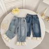 Girls' Sweet Korean Style Lace-Trim Elastic Waist Jeans