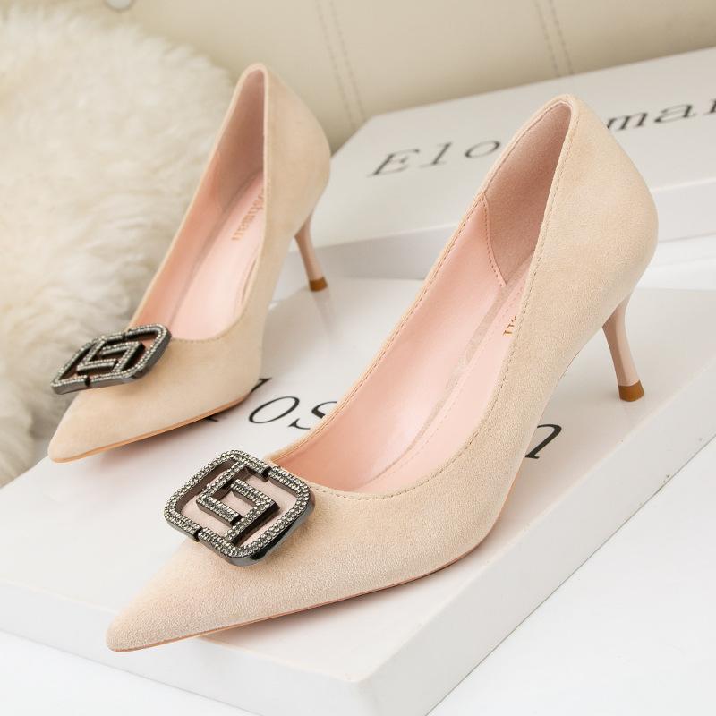 

Модные женские туфли с острым носком, тонкий каблук, однотонные туфли на высоком каблуке, металлическая пряжка, стразы, тонкие одинарные туфли для женщин 41