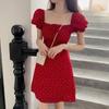 Summer Polka Dot Red Mini Dress Women Casual Puff Sleeve Short Dresses Korean Fahsion Square Collar Robes Female