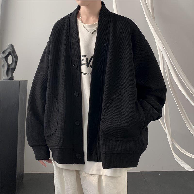 Men's Trendy V-Neck Waffle Knit Cardigan Hoodie - Spring/Autumn Casual Loose Fit Jacket