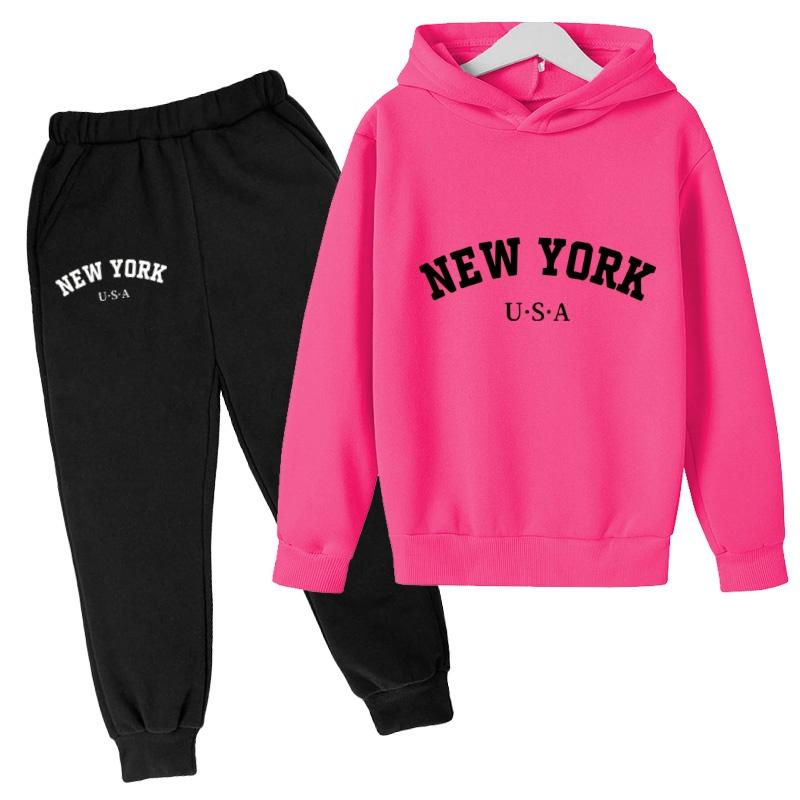 Kids Fashion Hoodie Boy Girl Toddler Pullover 3-12Years NEW YORK USA Letter Print Clothes Casual Top+Trousers 2P Coat Sports Set