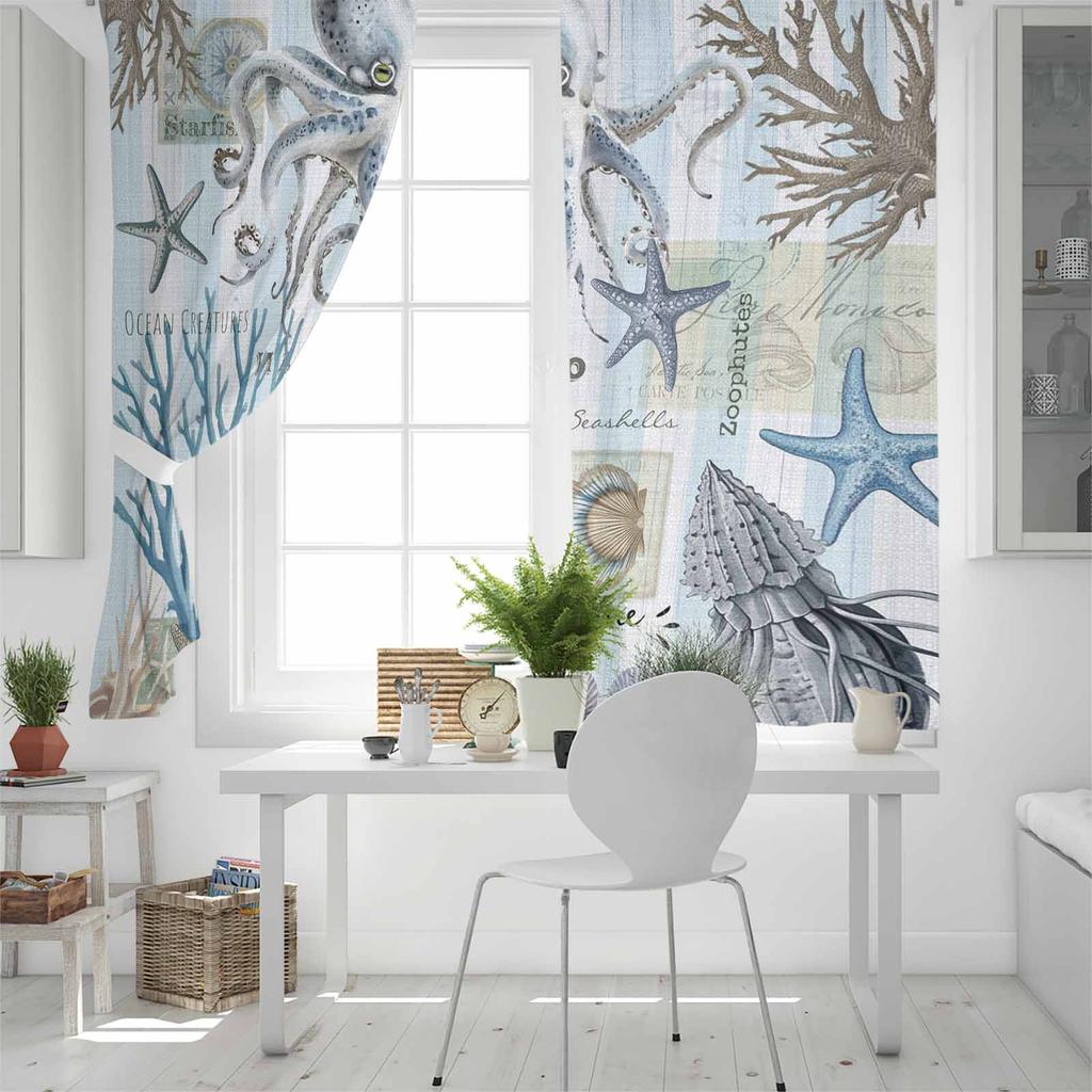 Meeresorganismen Seestern Krake Koralle Muscheln Verdunkelungsvorhänge für Wohnzimmer Schlafzimmer Fensterdekoration Vorhänge Heimdeko