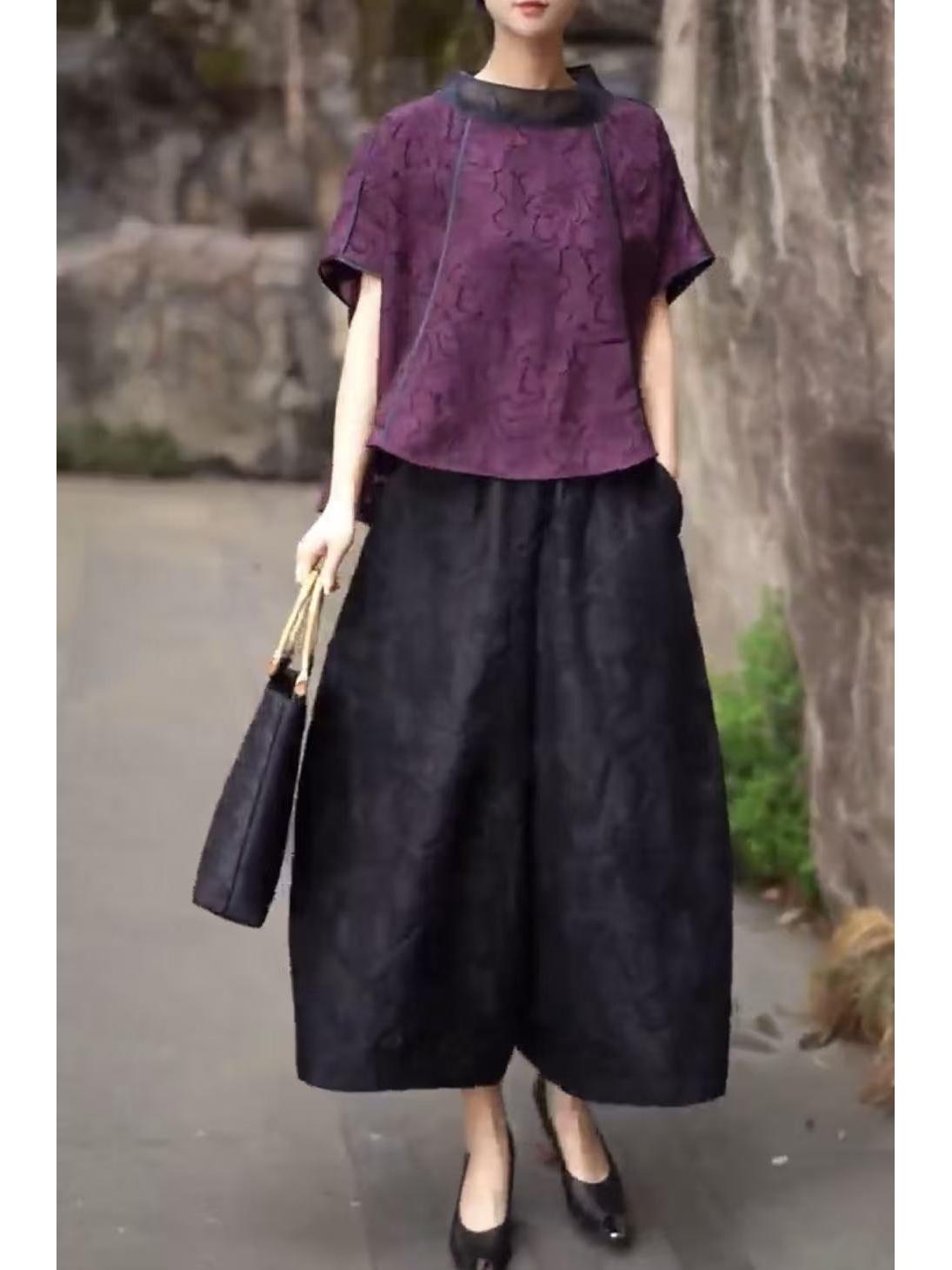 Women s 2026 Summer Floral Jacquard Top & Wide-Leg Pants Set in Chinese Retro Style M