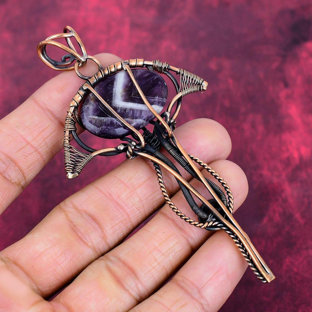 Chevron Amethyst Pendant Copper Wire Wrapped Handmade Jewelry Gemstone Pendant