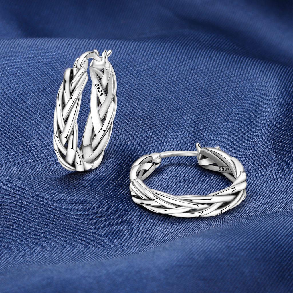 S925 Sterling Silver Vintage Basic Woven Earrings Hoop Earrings Women Jewelry Original Trendy Anniversary Gifts