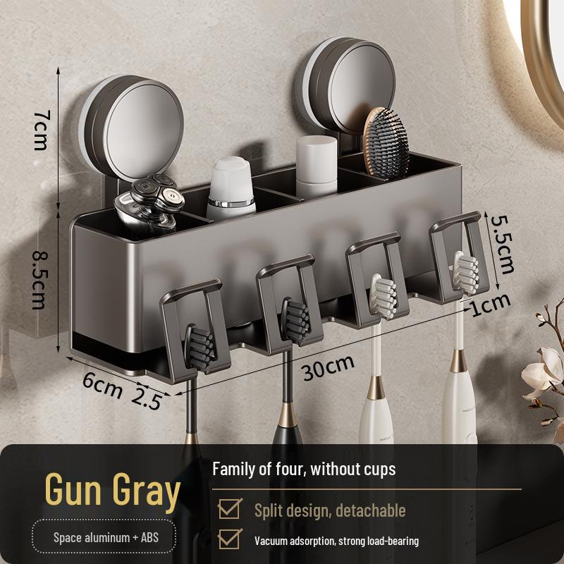 Wall-Mounted Suction Toothbrush & Toothpaste Holder with Aluminum Storage Shelf