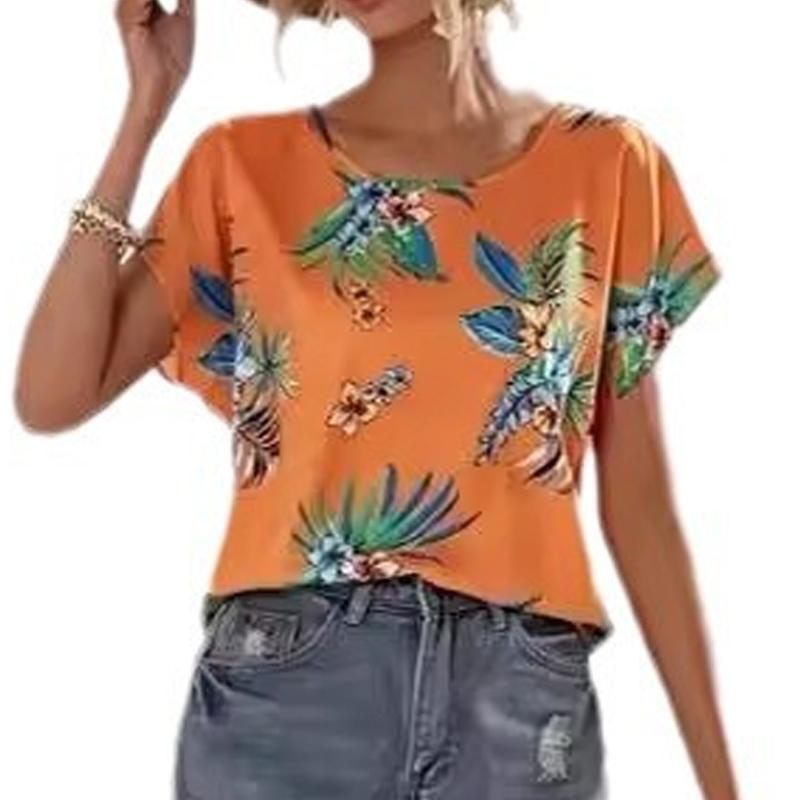 

Летняя блузка с цветочным принтом и круглым вырезом, модная элегантная женская свободная с коротким рукавом женская повседневная рубашка, женские праздничные топы 667 XXL оранжевый
