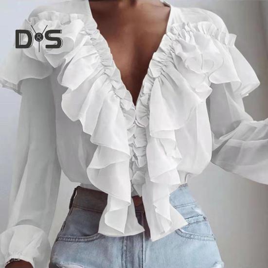 

Легкий топ-рубашка Тонкий шикарный офисный женский шифоновый топ с оборками S белый