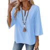 2026 Spring/Summer Bohemian Style Women's Linen Lace Trim V-Neck Three-Quarter Sleeve Casual Blouse
