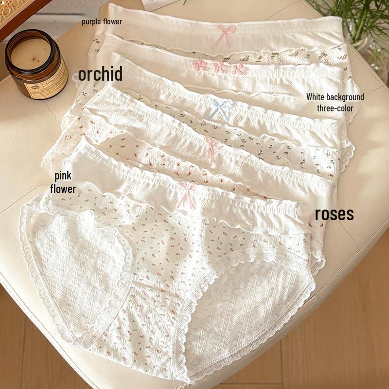 10A Antibacterial Women's Mid-Waist Floral Cotton Panties - Breathable, Skin-Friendly, Comfortable Korean Style Hip-Lifting Design