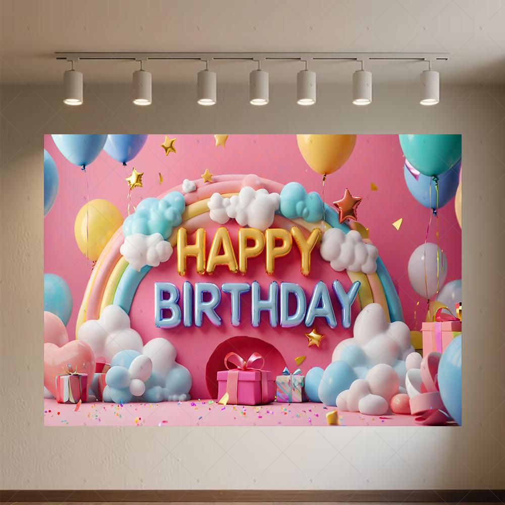 Colourful Happy Birthday Theme Backdrop Supplies 3D Ballon Background Banner Kids Birthday Party Decorations Photo Shoot Props