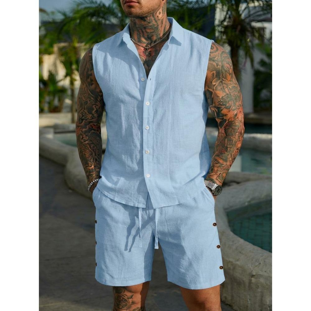 Men’s Summer Sleeveless Collared Shirt Set – Plain-Coloured Linen Casual Beach Outfit
