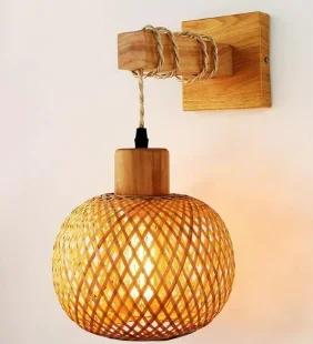 Plug-in Retro Japanese Bamboo Woven Bedside Wall Lamp Dining Room Rattan Lamp Bedroom Farmhouse Rural Indoor Background Wall 3000K