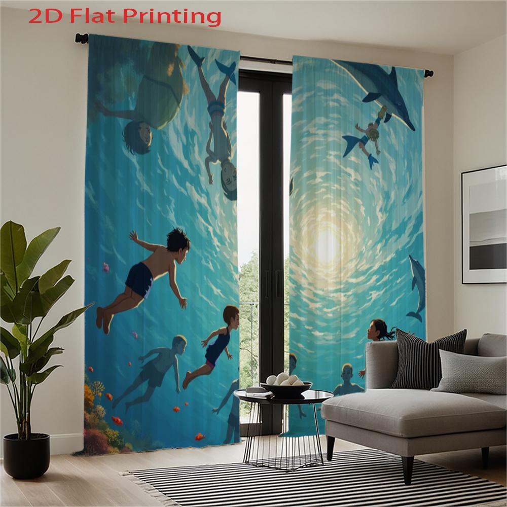 Set Of 2 Flat Printing Curtains Swimming Ocean Blue Pattern Cartoon Style Curtain Polyester Fabri Made
