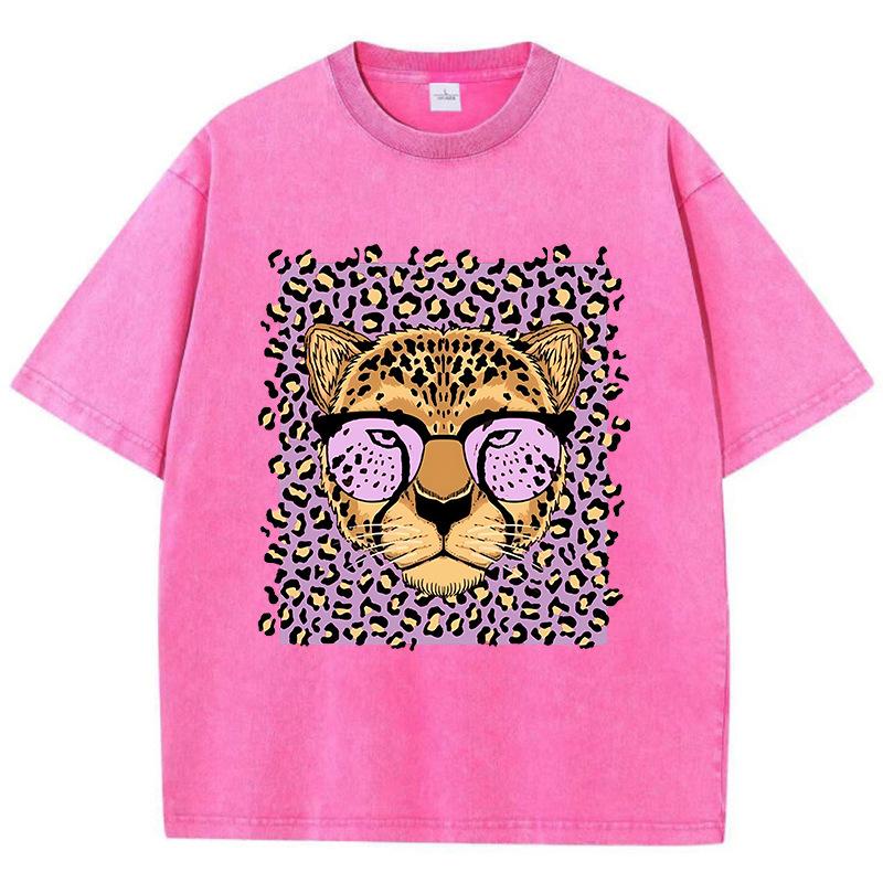 Vintage Womens Acid Wash T-Shirts Leopard Cartoons Printing