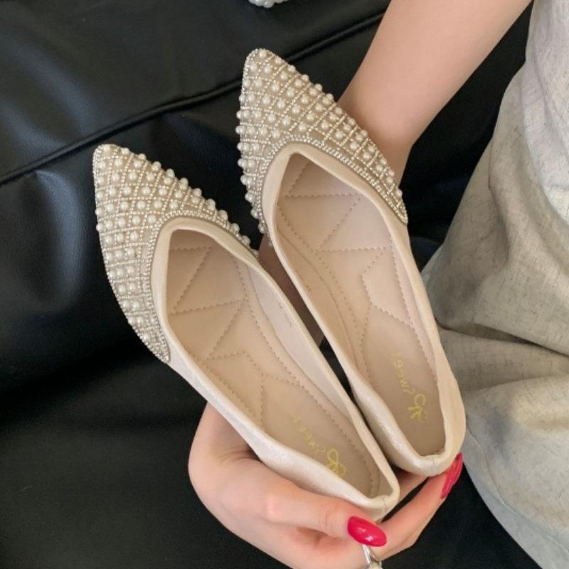 Fashion Luxury Rhinestone String Bead Decoration Low Heel Pumps Women Fashion Pointed Toe Shallow Designer Shoes Comfort Soft-sole Flats