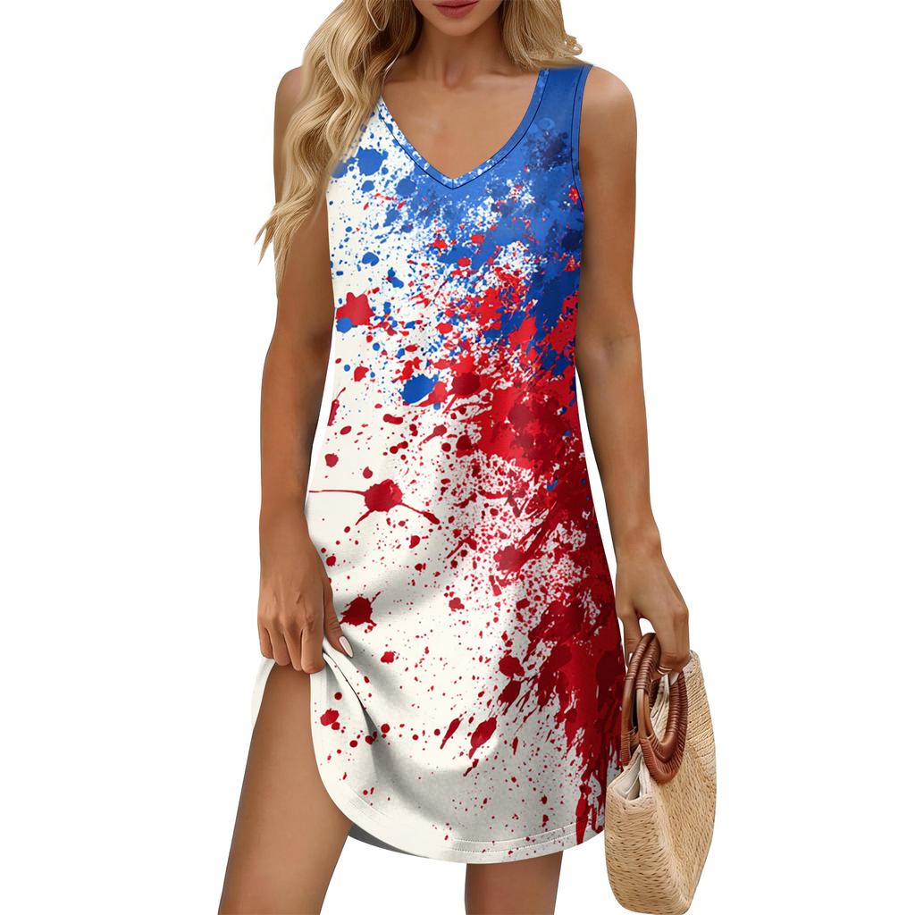Women's Summer Casual Sun Skirt With Pocket V-Neck Independence Day Printed Loose Vest Dress