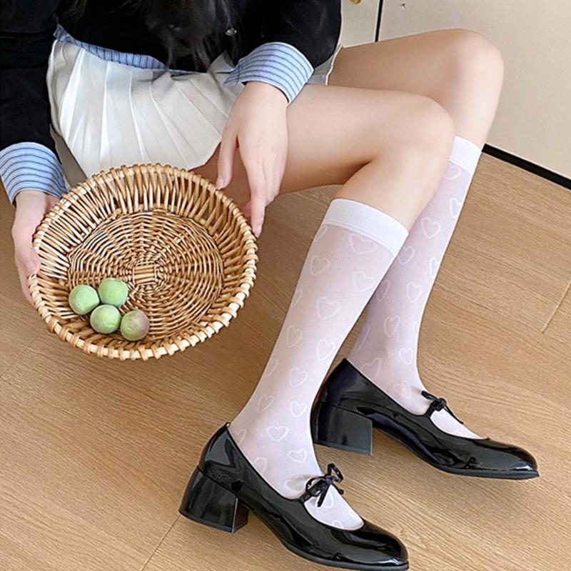 Women Japanese Style Summer Cute Heart Pattern Thin Silk Over Calf Long Socks