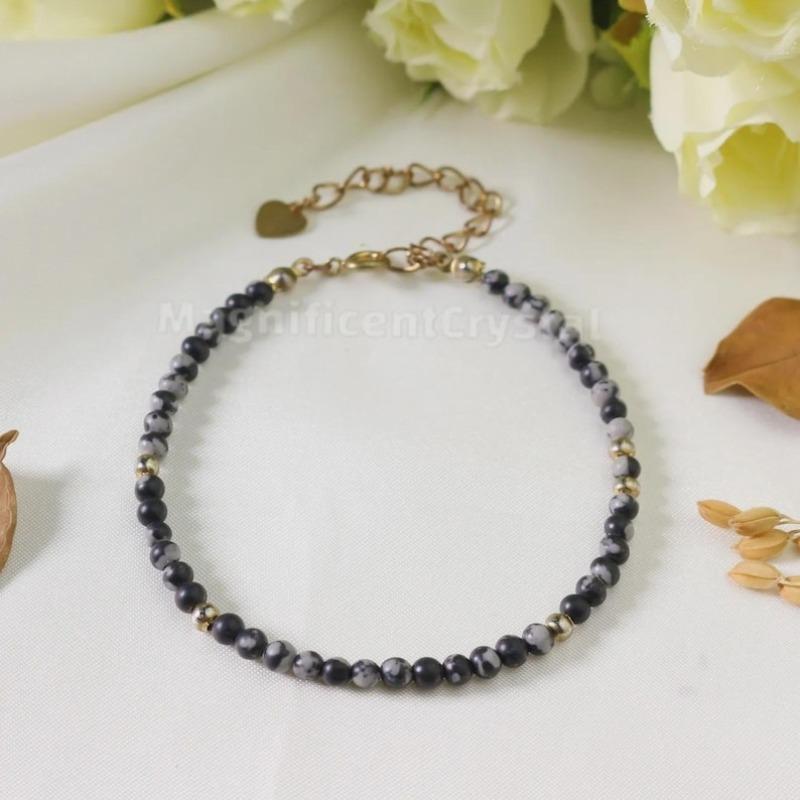 Snowflake Obsidian bracelet: Simple multi-faceted beaded Bohemian-style jewelry, black and white crystal anklets
