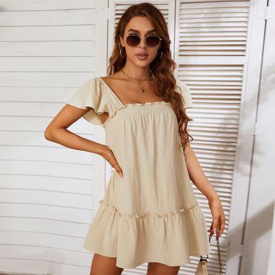 Sommer Damen Quadratischer Ausschnitt Rückenfrei Schleife Bandage Rüschenärmel Minikleid