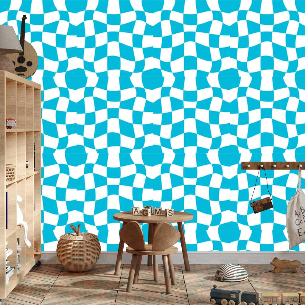 Wallpaper Casual Checkerboard Turquoise and White for Living Room and Bedroom 50x1000