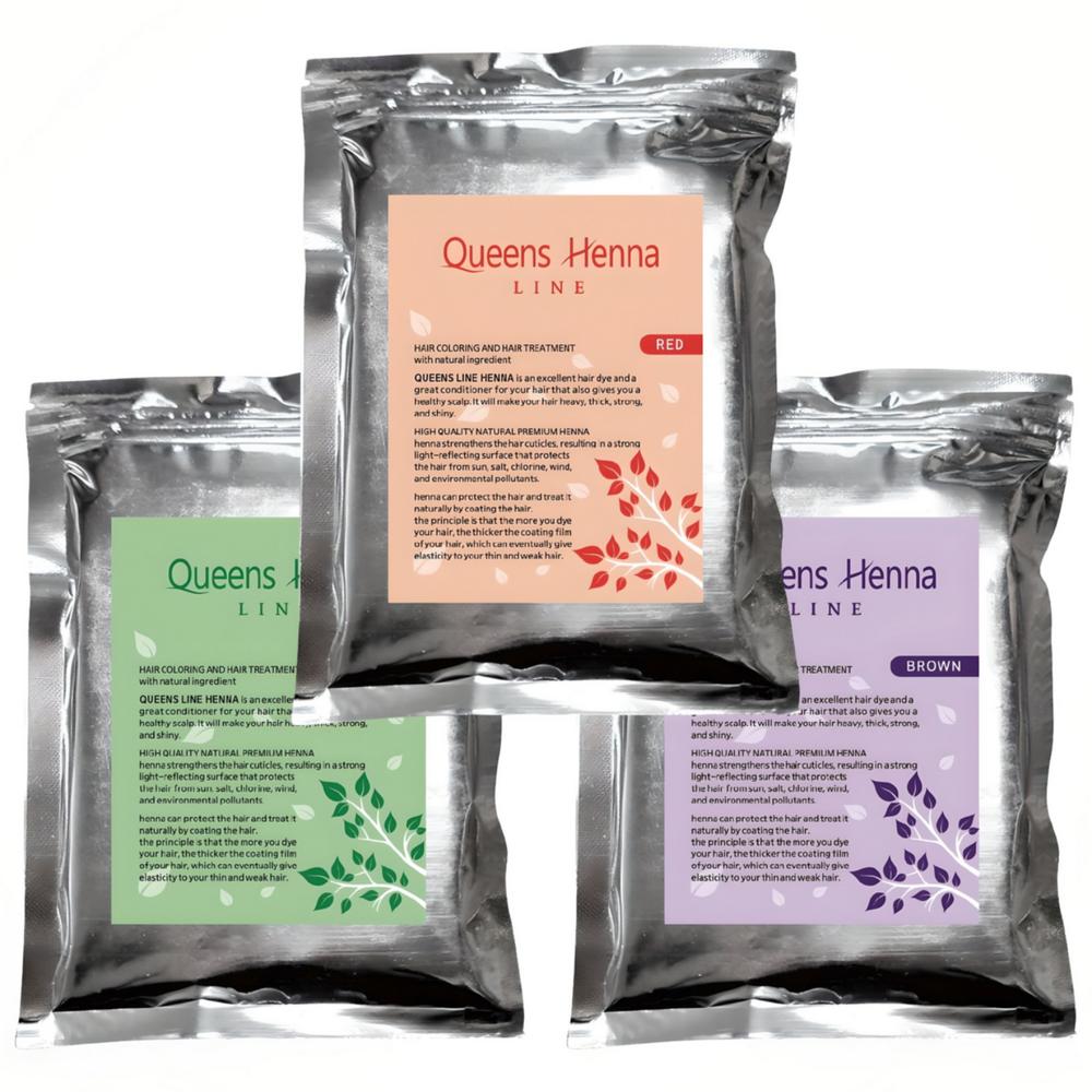 line Queens Henna 3-Piece Set Natural Henna Hair Dye Gray Hair Cover Red + Brown + Natural 1 pcs
