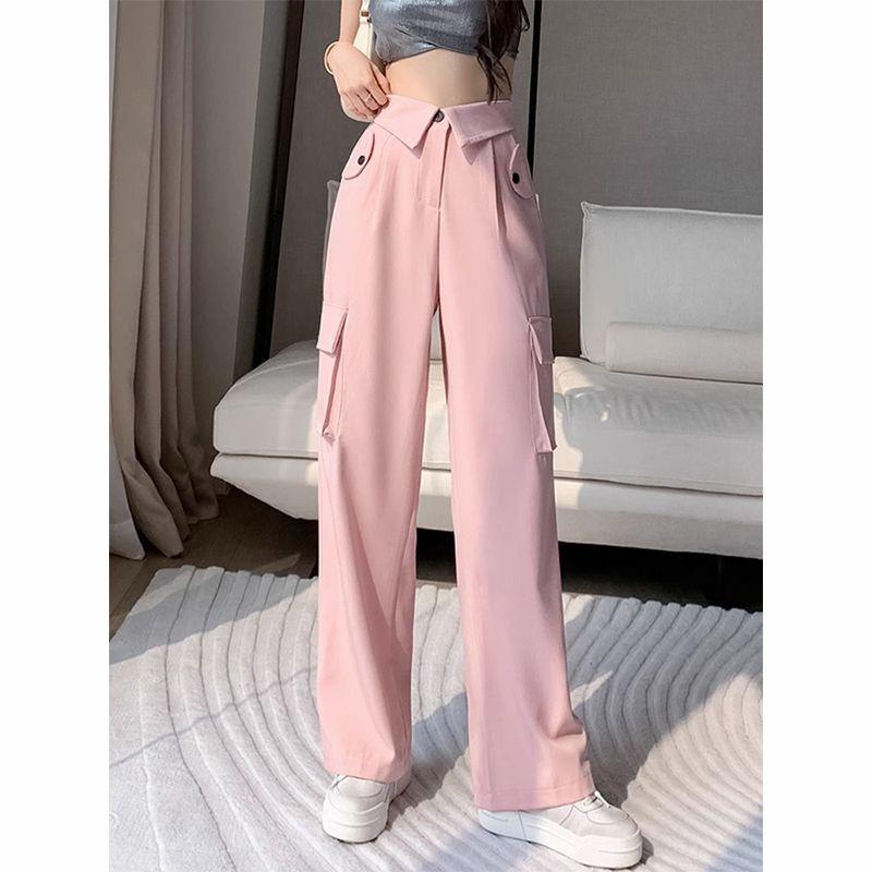 

Рабочие повседневные брюки для женщин на лето Новые ретро с высокой талией, стройнящие, прямые, до пола XL розовый
