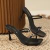 New Summer Bare Toed Square Head Mid-heel Shoes Pleated Chunky Sandals with A Line Single Shoe Women