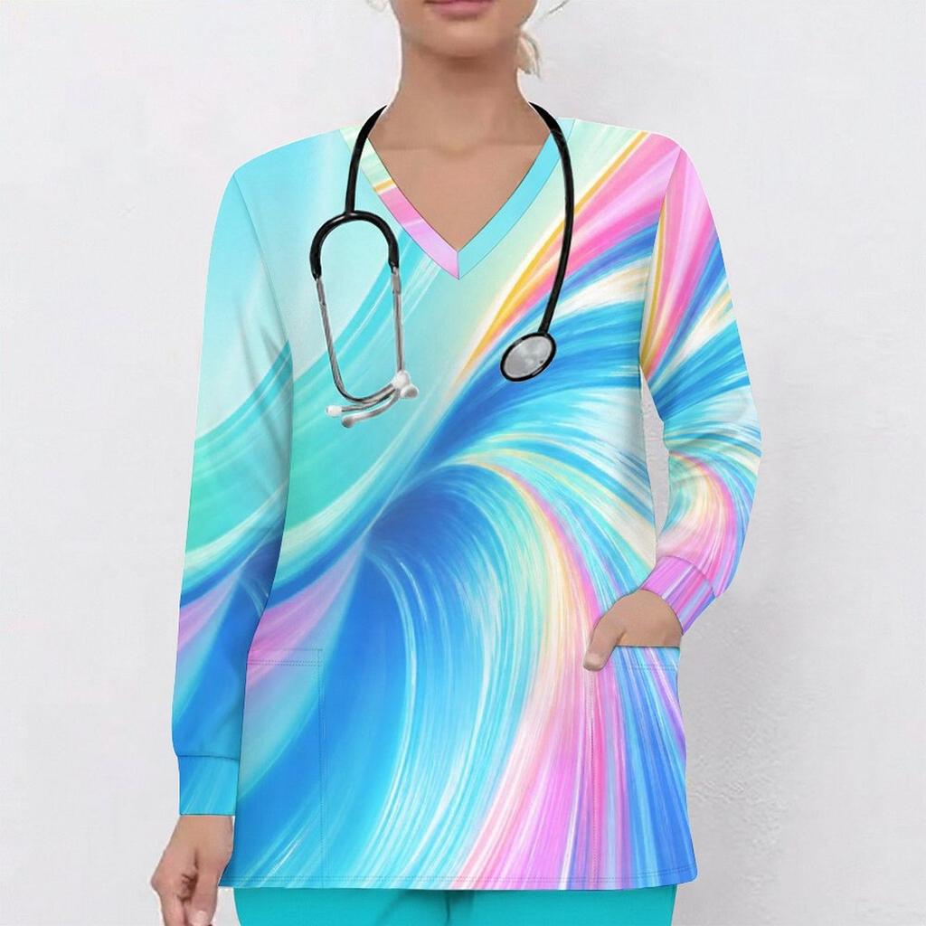 Women Plus Size Colorful Printed Nurse Scrub Top V Neck Long Sleeve With Front Pockets