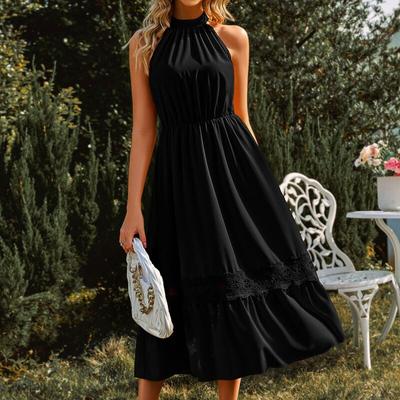 Summer Sweet Loose Solid Color A-line Long Dress Casual Elegant Women Dress Fashion Halter Sleeveless Patchwork Lace Dress 25305