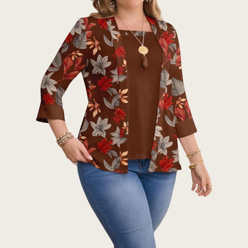 2025 Plus Size Floral Print Casual Two-Piece Seven-Sleeve Top for Women