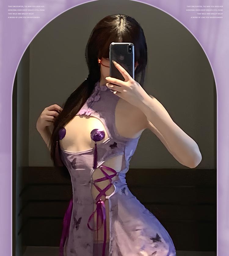 Elegant Purple Chinese Cheongsam Lingerie Set - Sexy, Easy-Off, Chest-Revealing Design